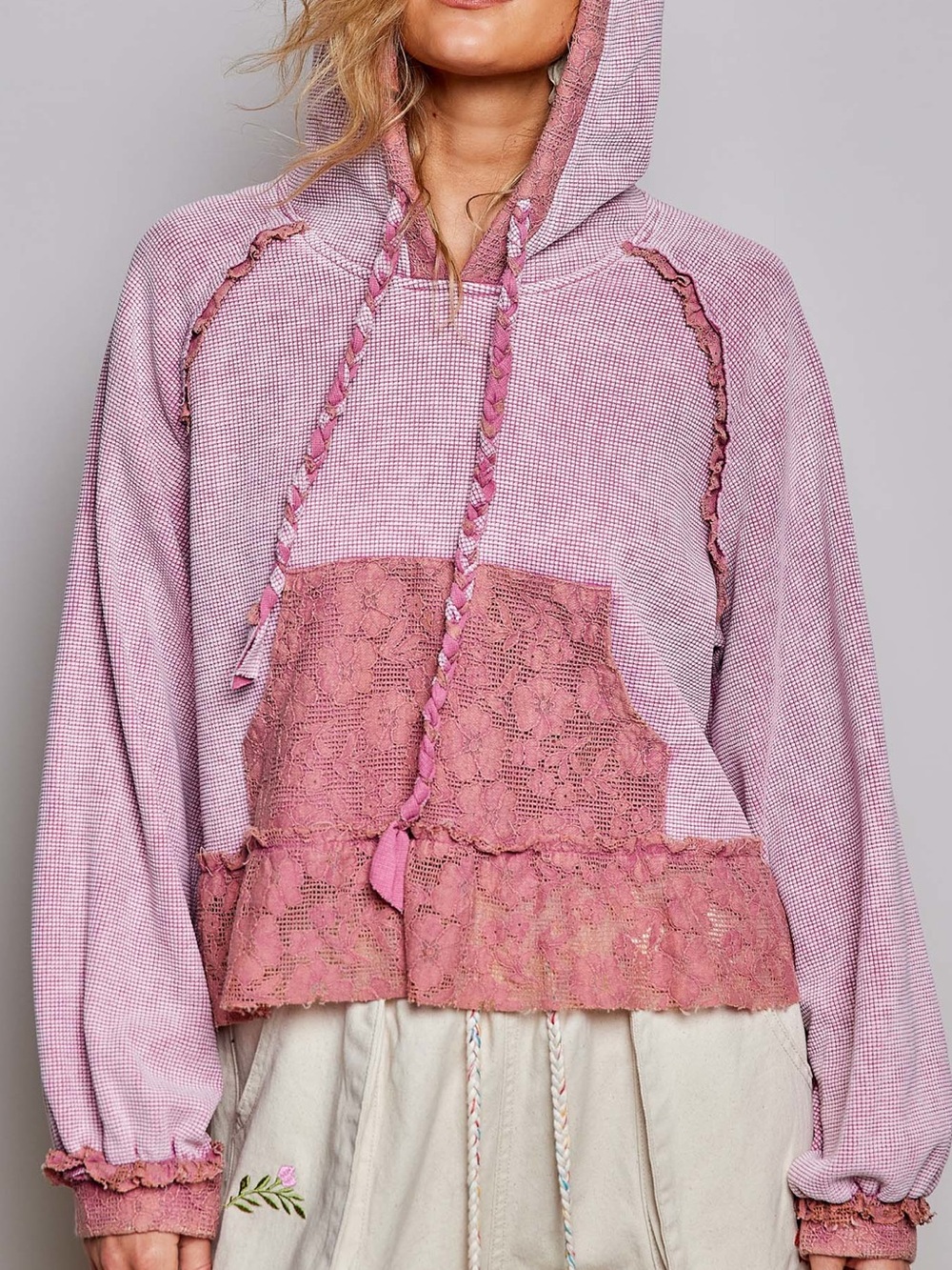 💕POL Pink Lace-Trim Hooded Pullover Top - Picture 2 of 10
